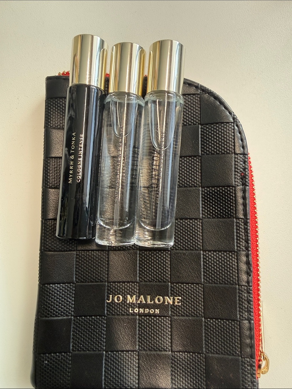 Jo Malone Black Checkerboard Leather Pouch with Red Zipper